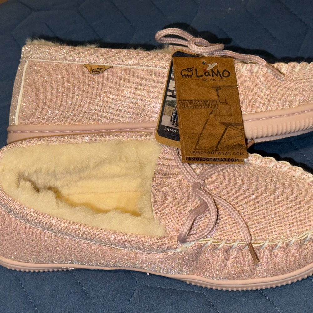 LAMO Pink Sparkle Moccasin Slippers